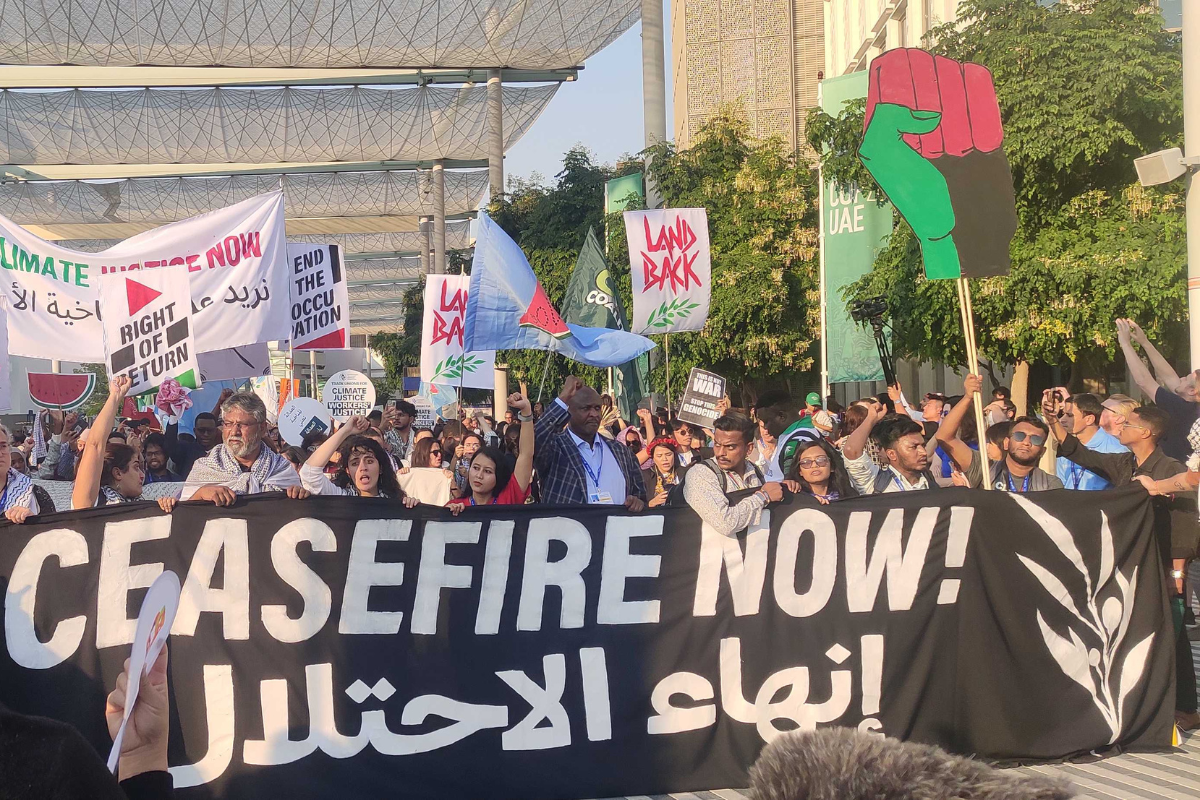 विरोध प्रदर्शन निषेध यूएईमा जलवायु अभियन्ताको जुलुस, जलवायु न्याय र गाजामा युद्धविरामको माग