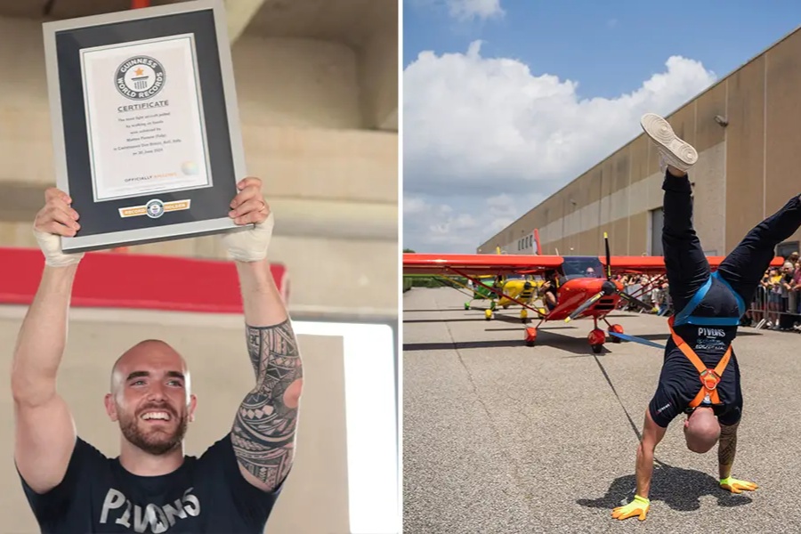 हातले टेकेर तीन वटा विमान तान्दै बनाए कीर्तिमान