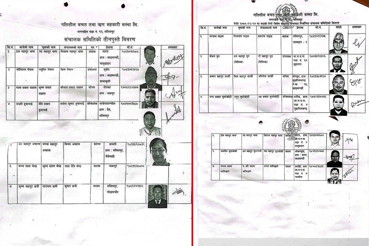 गतिशील सहकारीमा फरक-फरक समयमा रहेको सञ्चालक समितिको विवरण।